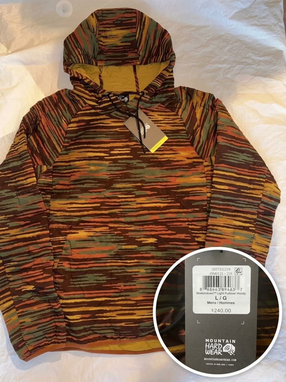 Mountain Hardwear Stretchdown Light Pullover Hoody Jacket Mens L Camo NWT